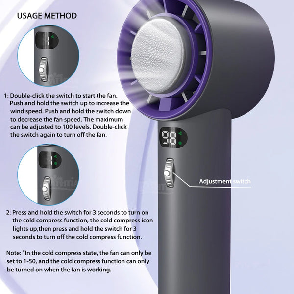 TurboCool Handventilator in wit, grijs en zwart – draagbare verkoeling met verstelbare windsnelheden en USB-oplaadfunctie.